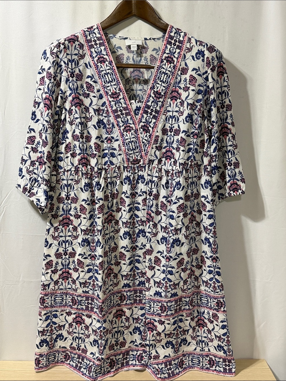 J. Jill White Midi Dress with Blue & Pink Floral Print